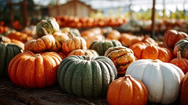 Pumpkin Harvest in Vibrant Autumn Colors at a Farm Market Generative AI
