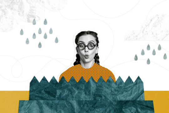 Composite photo collage of astonished nerd girl wear glasses braids hairdo bad weather rain drop water isolated on painted background