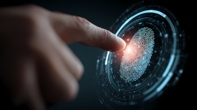A fingertip touching a glowing fingerprint sensor, symbolizing security and access - Powered by Adobe