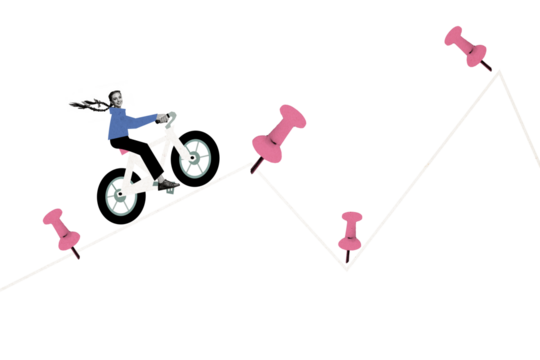 Composite creative art collage of happy bicyclist girl ride motorcycle activity graph development leader isolated on painted background