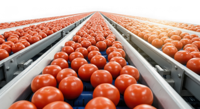 Rows of ripe red tomatoes on a conveyor belt in a food processing plant, ready for packaging isolated on transparent background