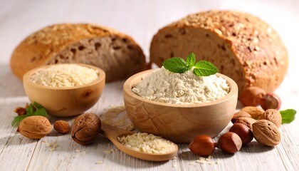 Assortment of Whole Grains and Nuts on a Rustic Wooden Surface.