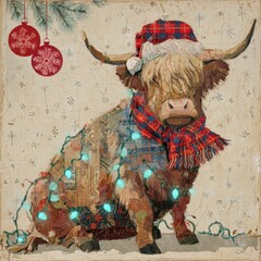 Festive Christmas illustration of highland cow wearing plaid hat and scarf with holiday lights.