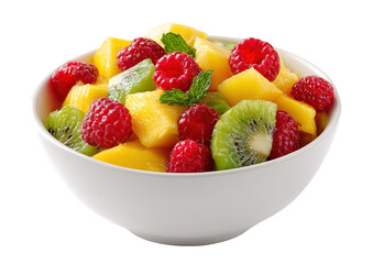 Bowl of healthy fresh fruit salad on white marble background. healthy food
