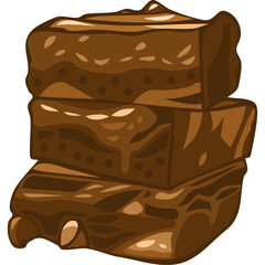 Stack of Three Rich Chocolate Brownies with Fudge Frosting and Nuts Isolated on Transparent Background Simple Vector Illustration