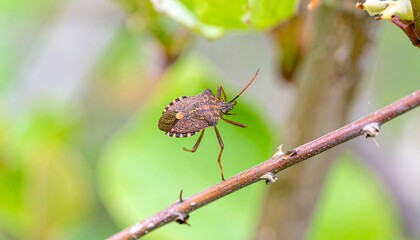 Close-up of a brown and orange bug on a branch