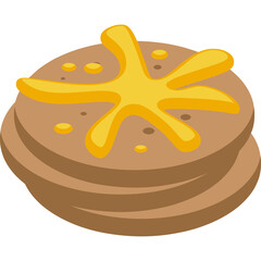 Stack Of Three Round Pancakes With Golden Honey Drizzled On Top In A Splash Pattern On A White Background