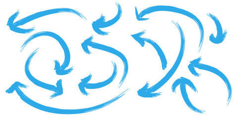 Hand drawn brush sketch arrow line curve up, down shape chalk texture element set. 