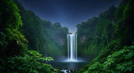 Waterfall cascading into a pool surrounded by lush greenery under a starry night sky view image ai generated