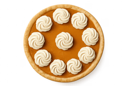 Pumpkin pie with whipped cream swirl toppings transparent background