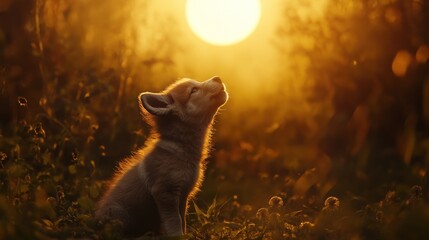 Young animal looking up at sunrise