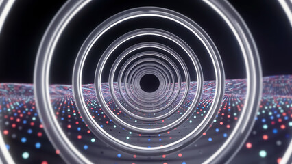Enter futuristic space with glowing tunnel circles and colorful data points for a modern tech feel