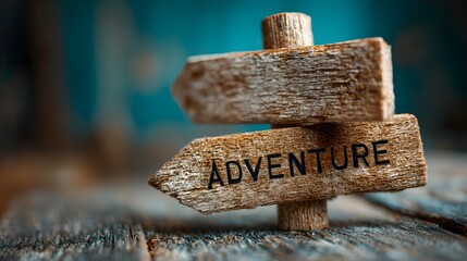 Rustic wooden signpost with three blank, weathered arrows points in different directions against a soft-focus teal background, symbolizing a journey.