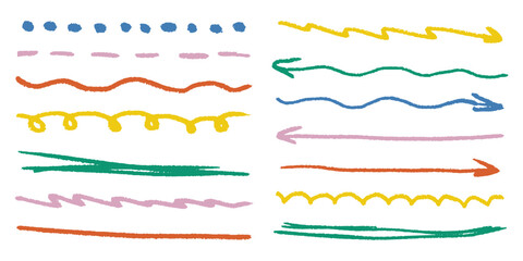 Chalk doodle arrows with rough  kids crayon strokes, swirling underlines and directional scribbles, sketch style with subtle grunge texture.