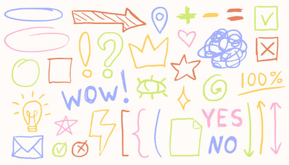 Creative scribbles and squiggles, grainy pencil lines, funky stars and crowns, scrawled strokes, quirky shapes and playful textured doodles.