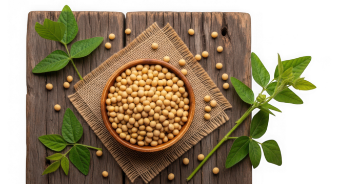 Bowl of soybeans with leaves on a wooden board isolated on transparent background