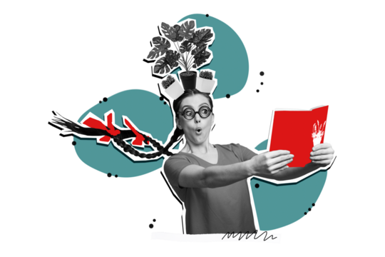 Composite photo collage of astonished girl geek hold herbarium book encyclopedia flower pot gardener hobby isolated on painted background