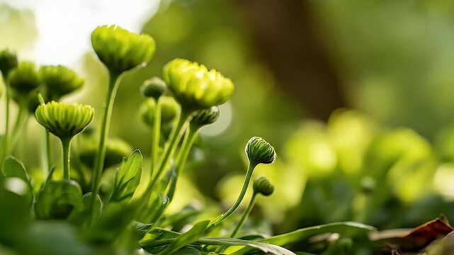 Close-up of green budding flowers in various stages, with a blurred background