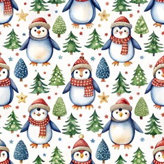 scandinavian style Christmas Penguins Seamless watercolor Pattern. white background