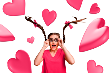 Banner poster collage of shocked funny girl touch glass impressed many flying hearts on pink background