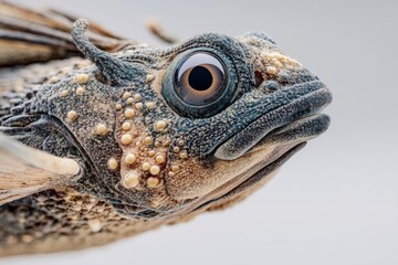 Obraz premium Close-up of a fish head, displaying a large eye and textured skin with prominent bumps. The pattern adds intricate detail, creating an intriguing focal point