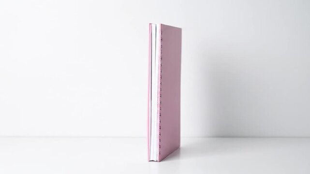 Closed Pink Notebook Standing Upright on a White Surface with a White Background