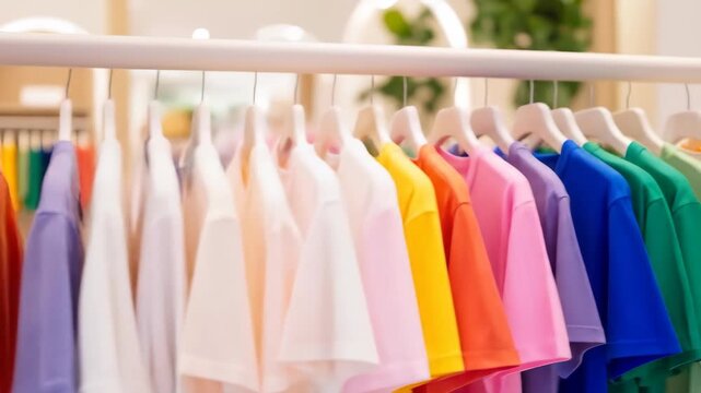 Colorful t shirts hang on a white rack in a clothing store folded shirts rest on a white surface with a blurred background of apparel on racks and a white counter