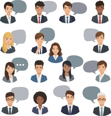 Create a kinds of deferent Profile and speech bubble of a young business person consulting vector art with white background..