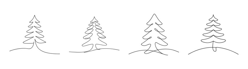 Four detailed line art representations of pine trees showing natural textures and forms in a row