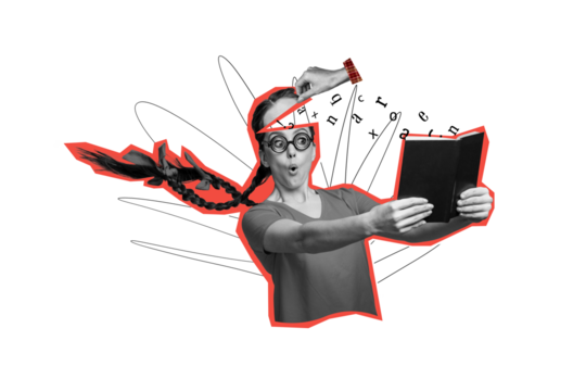 Photo collage young amazed woman bookreader nerd exam preparation education day student head caricature letters become smarter