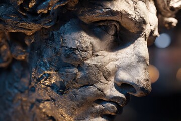 Obraz premium Close-up of an aged, textured stone sculpture's face, highlighting intricate cracks and shadows. Sculpted hair flows at the top left, with soft, warm lighting adding depth and contrast