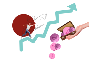 Composite photo collage of happy girl miner run arrow development success crypto money profit blockchain isolated on painted background