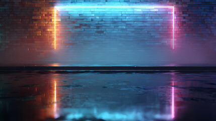 Abstract neon light frame, reflecting the vibrant colors on a wet surface. A display of a neon rectangle illuminates a brick wall in a modern setting