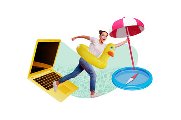 Fototapeta premium Composite photo collage of happy girl run wear duck lifebouy book vacation macbook device summer umbrella isolated on painted background