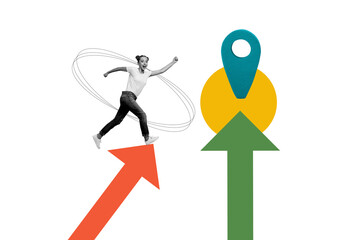 Exclusive art banner collage of happy purposeful girl run geolocation metric destination aim achievement path navigator arrow pointer