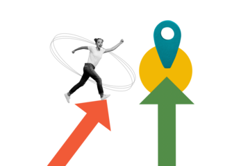 Exclusive art banner collage of happy purposeful girl run geolocation metric destination aim achievement path navigator arrow pointer