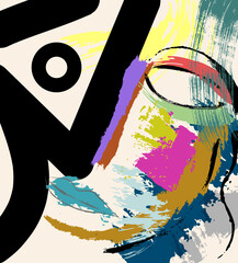 abstract colorful background, illustration with lines, waves, circles, paint strokes and splashes, face or mask