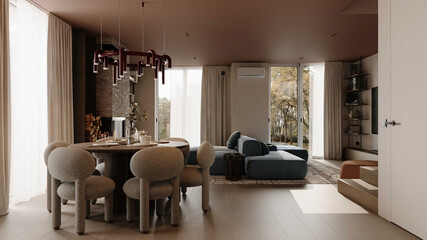 Modern living and dining area with soft lighting, neutral tones, and cozy minimalist furniture.