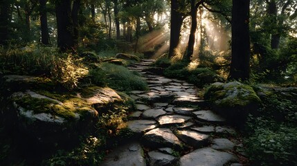 Fototapeta premium Tranquil stone path winds through a lush green forest as powerful, golden sunbeams break through the tree canopy, creating an ethereal, magical light.