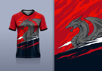 T-shirt mockup abstract grunge dragon texture sport jersey design for football, soccer, racing, esports, running, red black color	