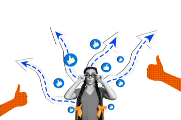 Composite photo collage of astonished geek girl popular blogger hands thumbs up reaction social media like isolated on painted background