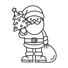 Black and white outline illustration of Santa Claus holding a small Christmas tree in one hand and a sack in the other. Versatile line art for holiday decorations or coloring activities.