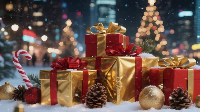 Festive Christmas scene featuring wrapped gifts surrounded by decorations like pine cones, candy canes, and ornaments. Perfect for holiday themes and merry celebrations.