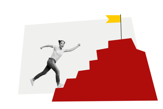 Composite photo collage of happy girl receive promotion run career ladder flag symbol promotion development isolated on painted background