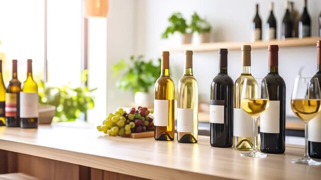 Assortment of Wine Bottles and Grapes on a Wooden Countertop with Natural Light illuminating the Scene