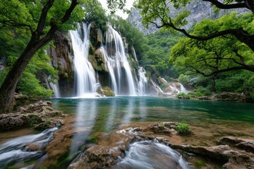Fototapeta premium Majestic Waterfall Cascades into Turquoise Pool Surrounded by Lush Greenery