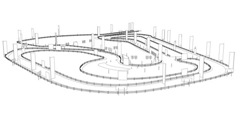 Black and white contour drawing of a race track filled with drifting cars, set against a clean white background. © German Ovchinnikov