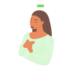A woman with closed eyes, above her head is a full battery symbol. The concept of rest, relaxation, emotional balance, mindfulness, and mental recharge. Symbol of calm, recovery, and inner harmony.