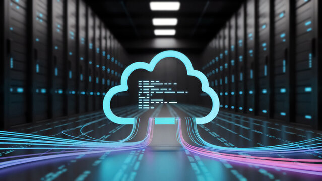 Modern server room with vibrant cloud computing network connecting data streams for a fast and reliable service