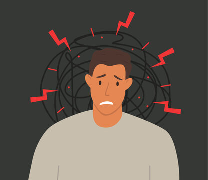 Vector illustration of a sad man on a dark background with chaotic lines and red lightning around his head. Symbol of chronic stress, mental fatigue, burnout, and emotional pressure.